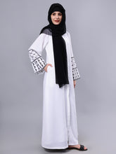 Nabia Front Open Kefiyyeh Embroidery White Abaya with Black Scarf